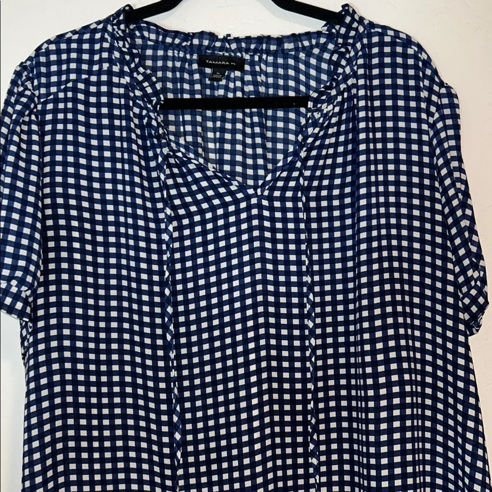 Tamara H 3X Polyester Navy and White Check Tie-Neck Blouse. (3/$25)